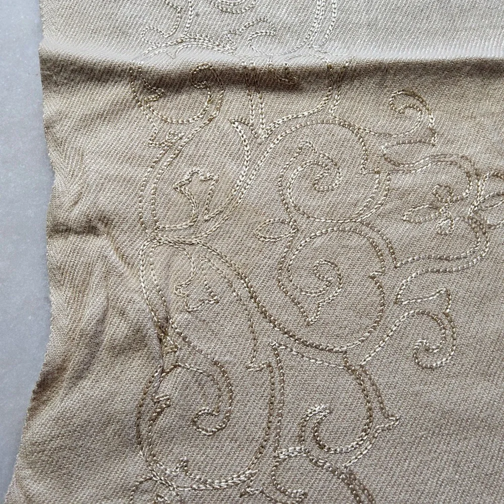Coldwater Creek Embroidered Fringe Scarf Shawl Wrap Neutral Tan‎